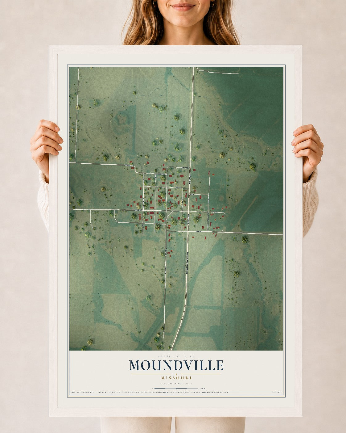 Map of Moundville, Missouri, 24 x 36 inch print in a white wood frame