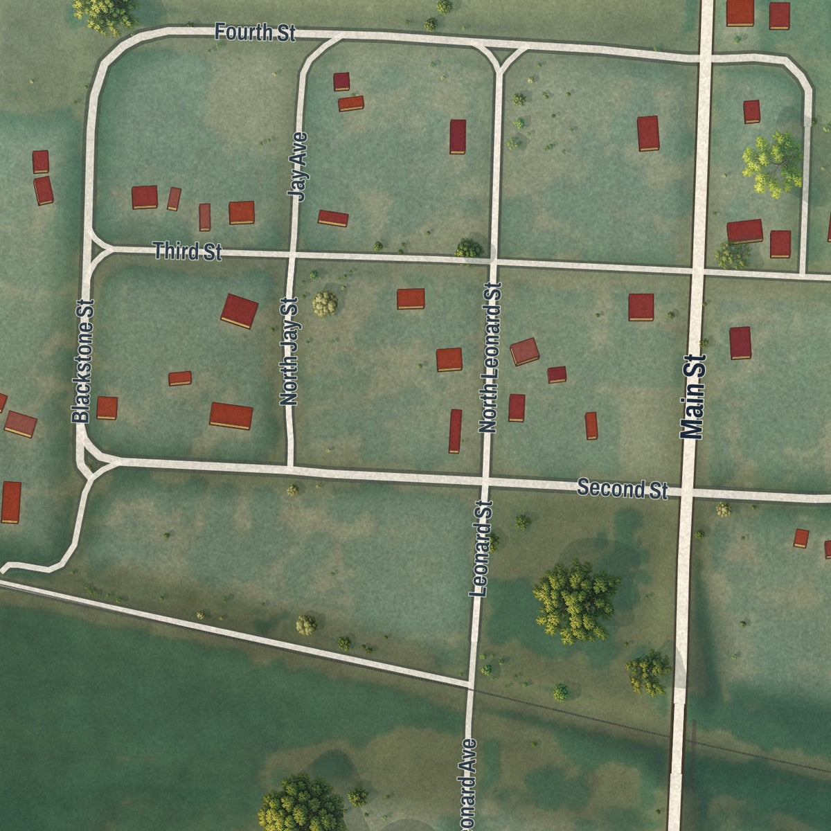 Close-up of the map of Mount Leonard, Missouri print showing street and building detail