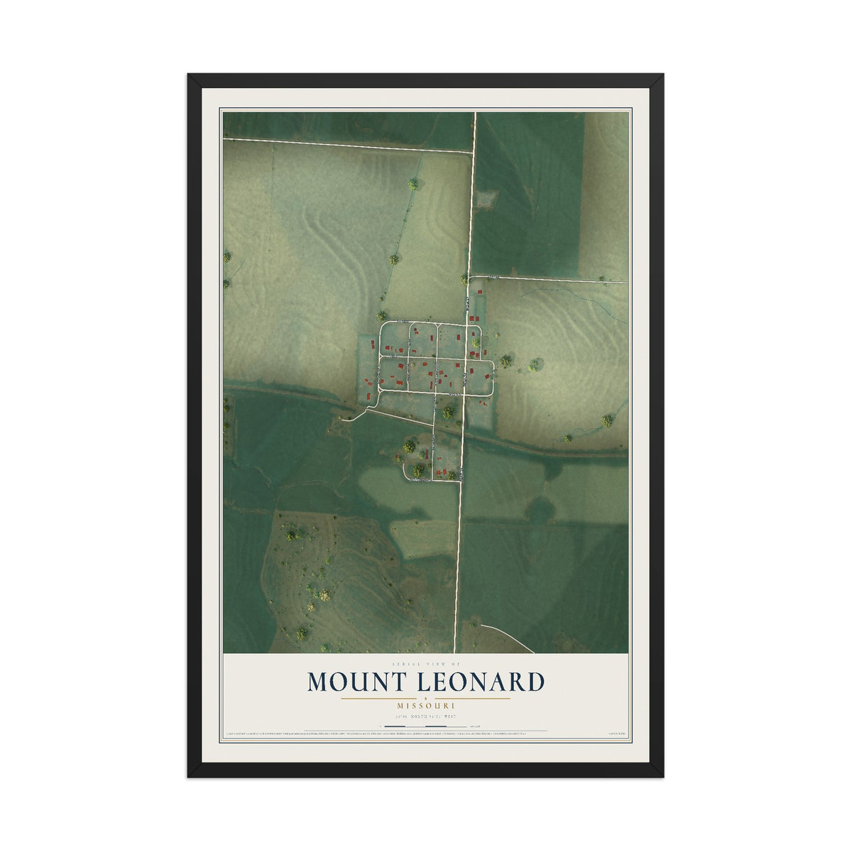Map of Mount Leonard, Missouri, 12 x 18 inch print in a black wood frame