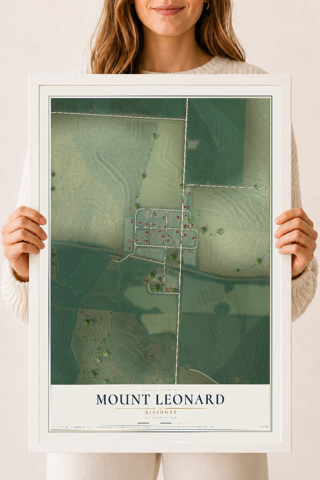 Map of Mount Leonard, Missouri, 18 x 24 inch print in a white wood frame