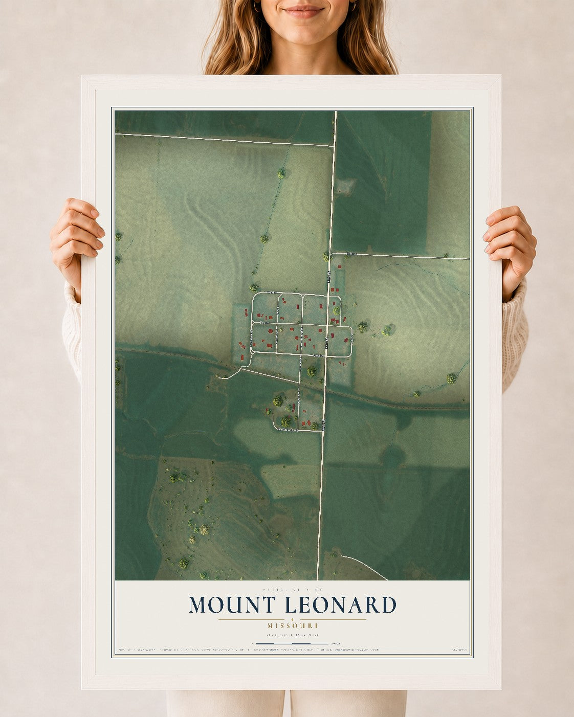 Map of Mount Leonard, Missouri, 24 x 36 inch print in a white wood frame