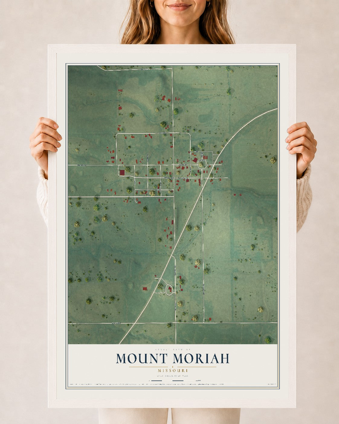 Map of Mount Moriah, Missouri, 24 x 36 inch print in a white wood frame