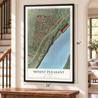 Mount Pleasant, Missouri map, 24 x 36 inch print in a black frame by a staircase