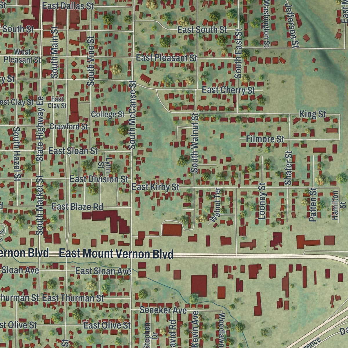 Close-up of the map of Mount Vernon, Missouri print showing street and building detail