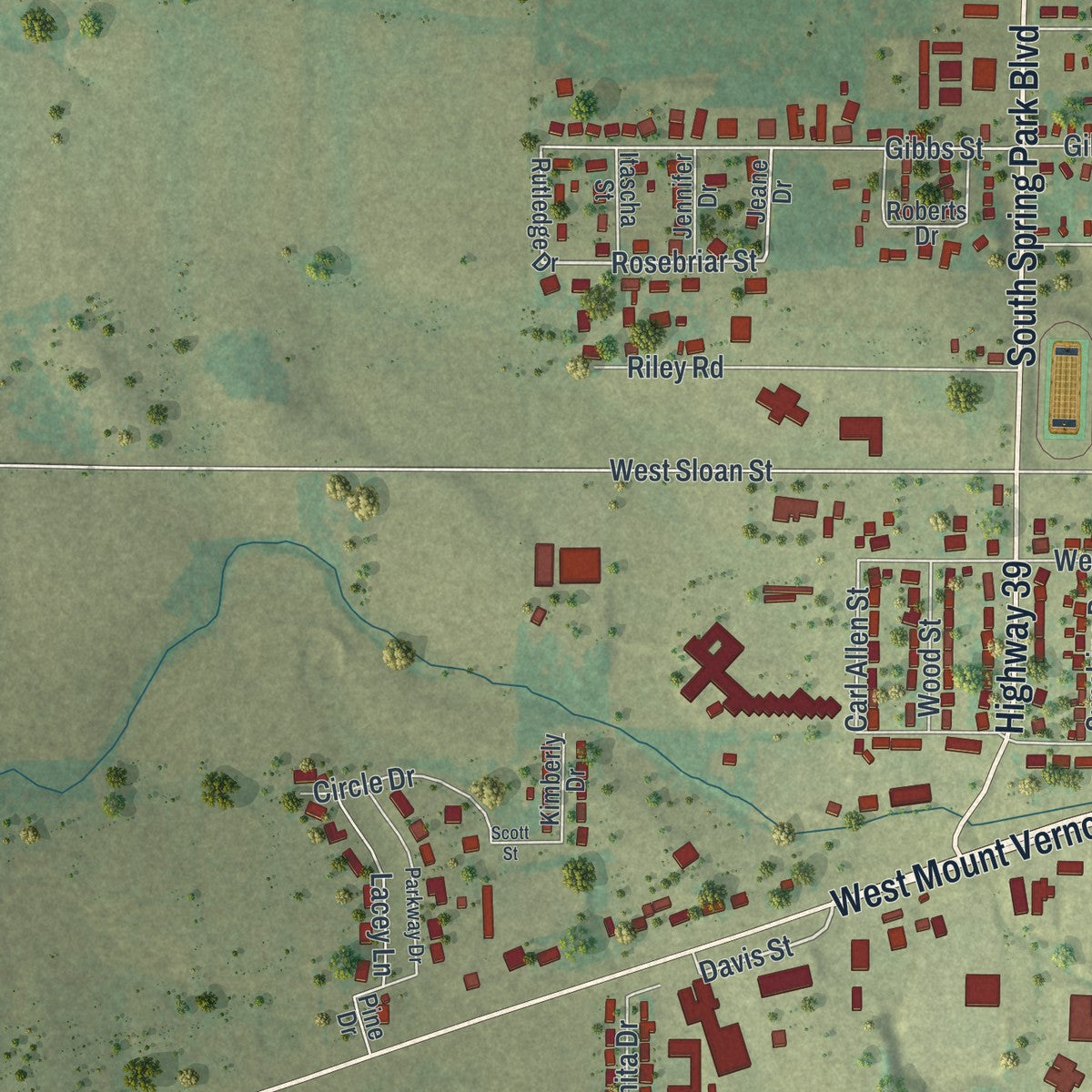 Second close-up of the map of Mount Vernon, Missouri print showing more streets and buildings