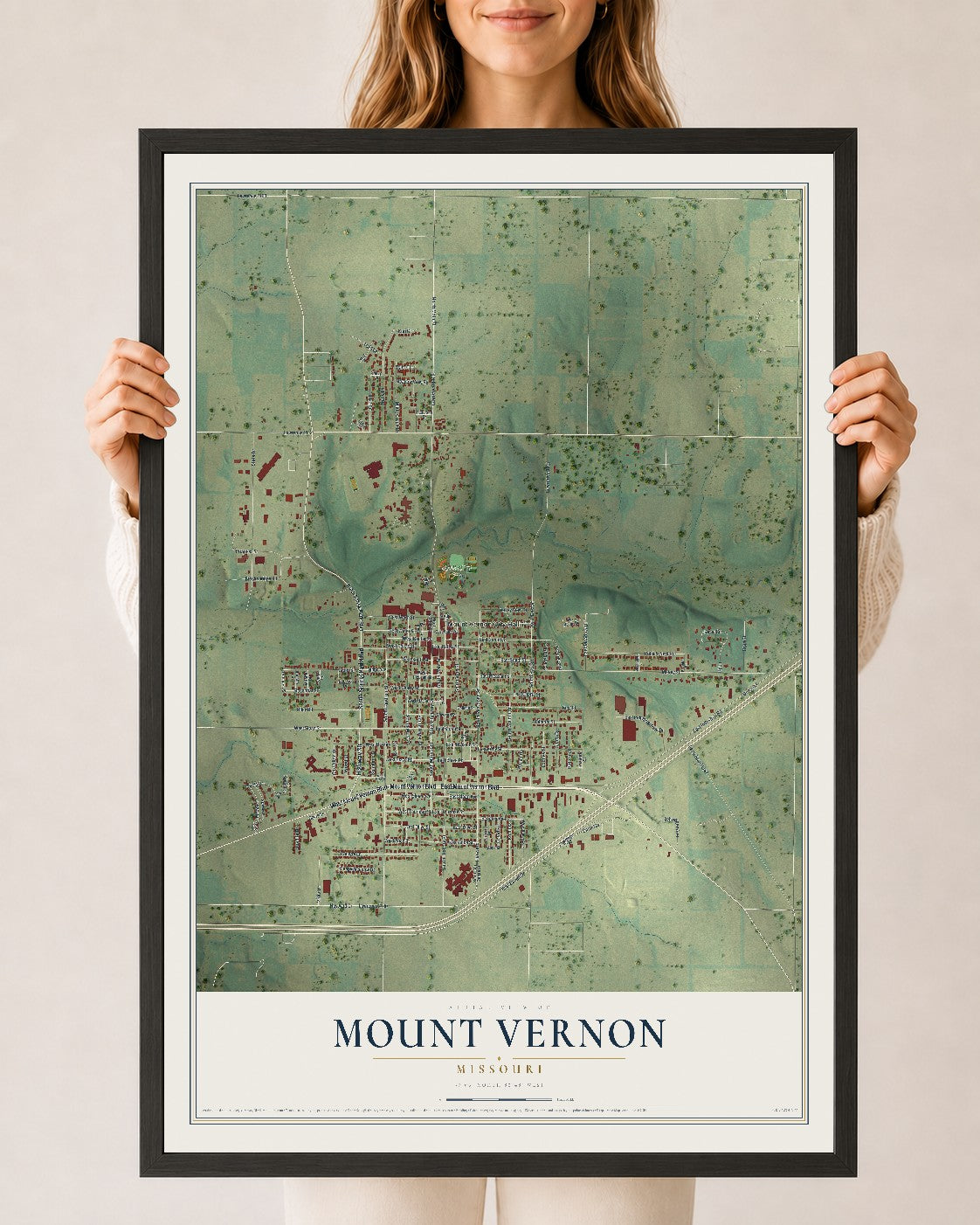 Map of Mount Vernon, Missouri, 24 x 36 inch print in a black wood frame