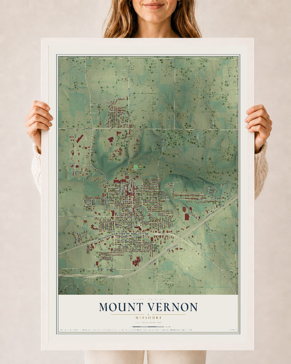 Map of Mount Vernon, Missouri, 24 x 36 inch print in a white wood frame
