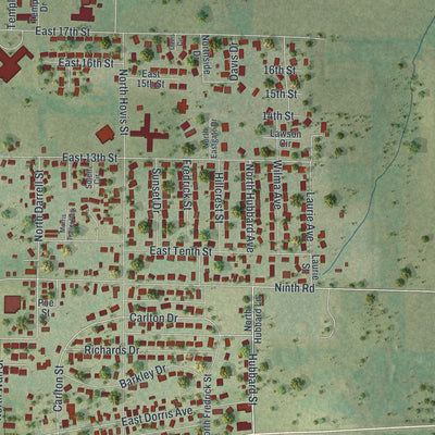 Second close-up of the map of Mountain Grove, Missouri print showing more streets and buildings