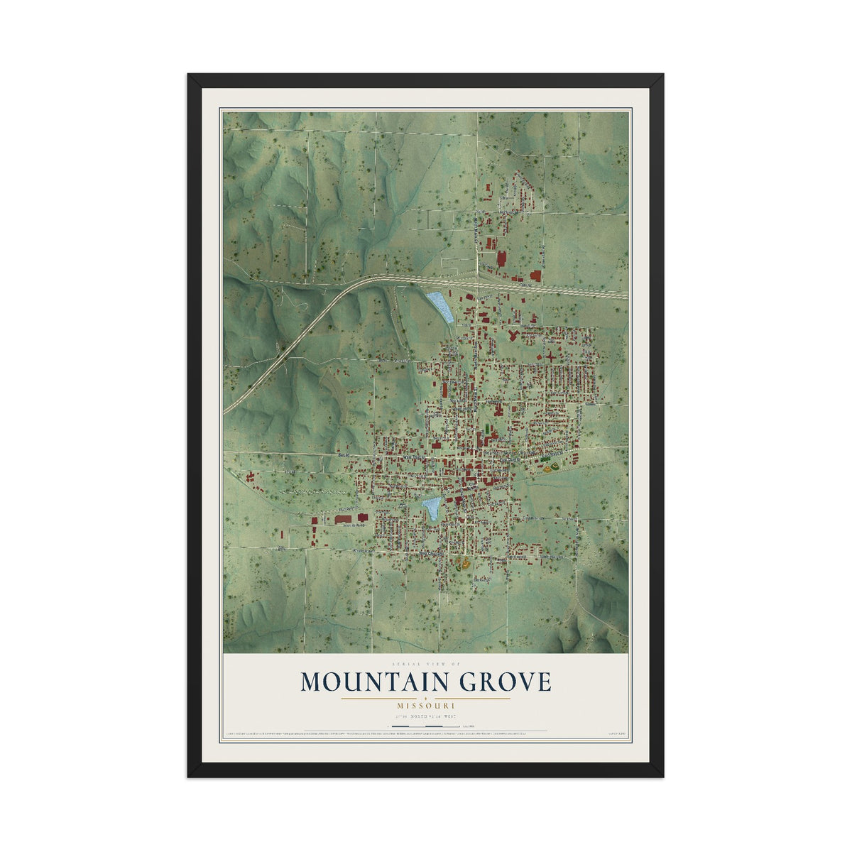 Map of Mountain Grove, Missouri, 12 x 18 inch print in a black wood frame