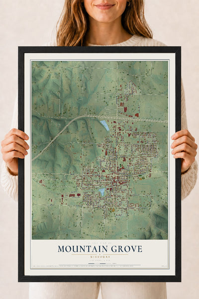 Map of Mountain Grove, Missouri, 18 x 24 inch print in a black wood frame