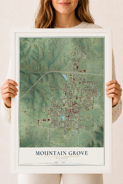Map of Mountain Grove, Missouri, 18 x 24 inch print in a white wood frame