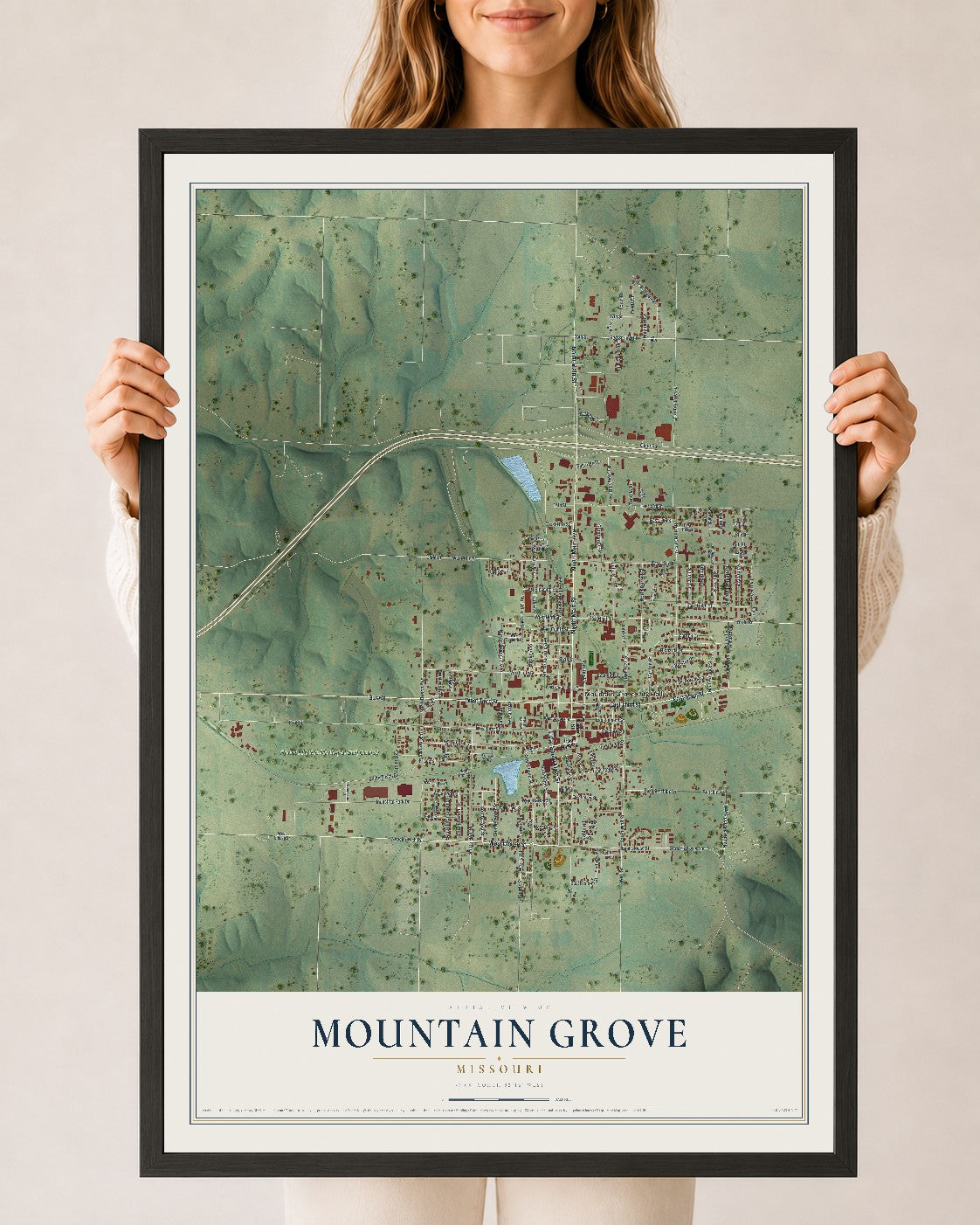 Map of Mountain Grove, Missouri, 24 x 36 inch print in a black wood frame