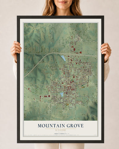Map of Mountain Grove, Missouri, 24 x 36 inch print in a black wood frame