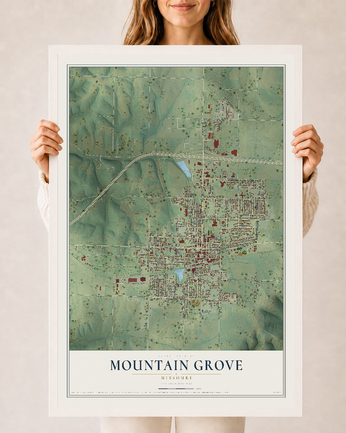 Map of Mountain Grove, Missouri, 24 x 36 inch print in a white wood frame