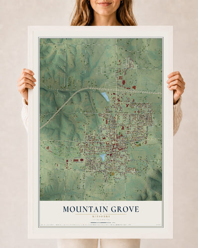 Map of Mountain Grove, Missouri, 24 x 36 inch print in a white wood frame