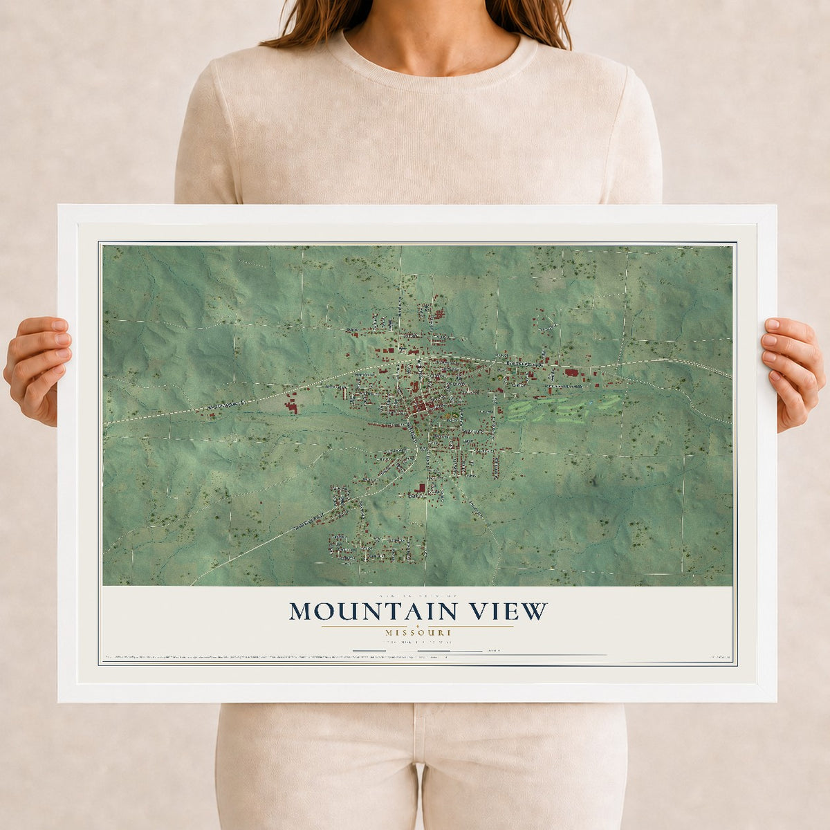 Map of Mountain View, Missouri, 12 x 18 inch print in a white wood frame