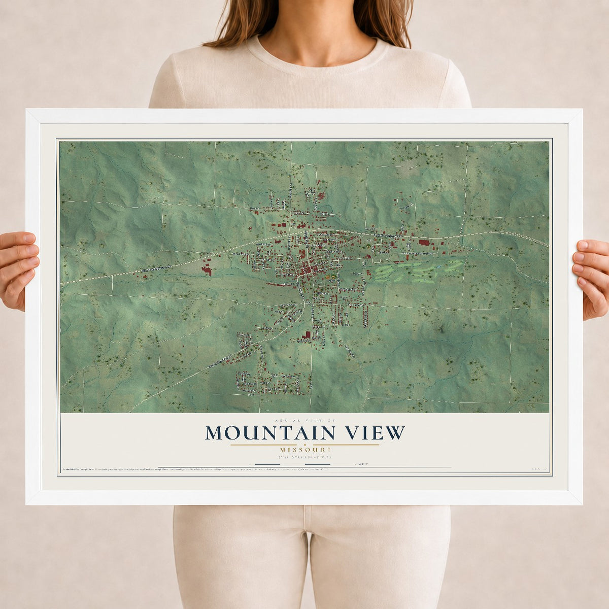 Map of Mountain View, Missouri, 18 x 24 inch print in a white wood frame