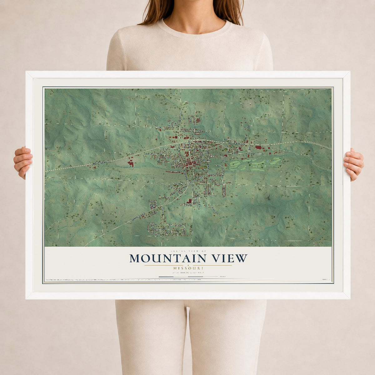 Map of Mountain View, Missouri, 24 x 36 inch print in a white wood frame