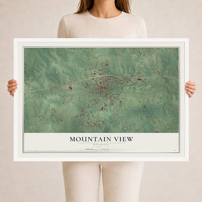 Map of Mountain View, Missouri, 24 x 36 inch print in a white wood frame