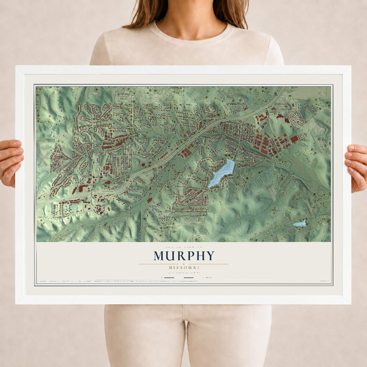 Map of Murphy, Missouri, 18 x 24 inch print in a white wood frame