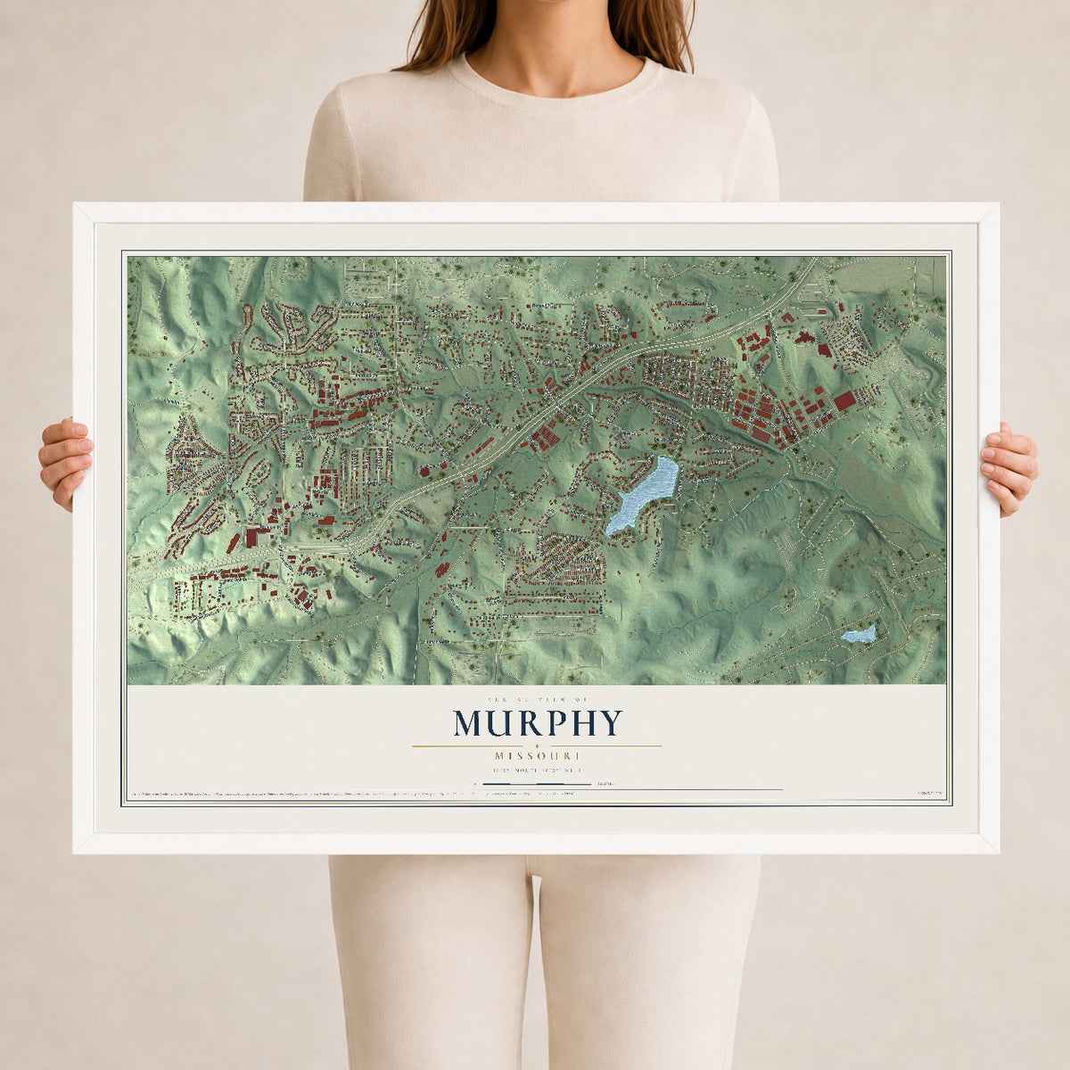 Map of Murphy, Missouri, 24 x 36 inch print in a white wood frame