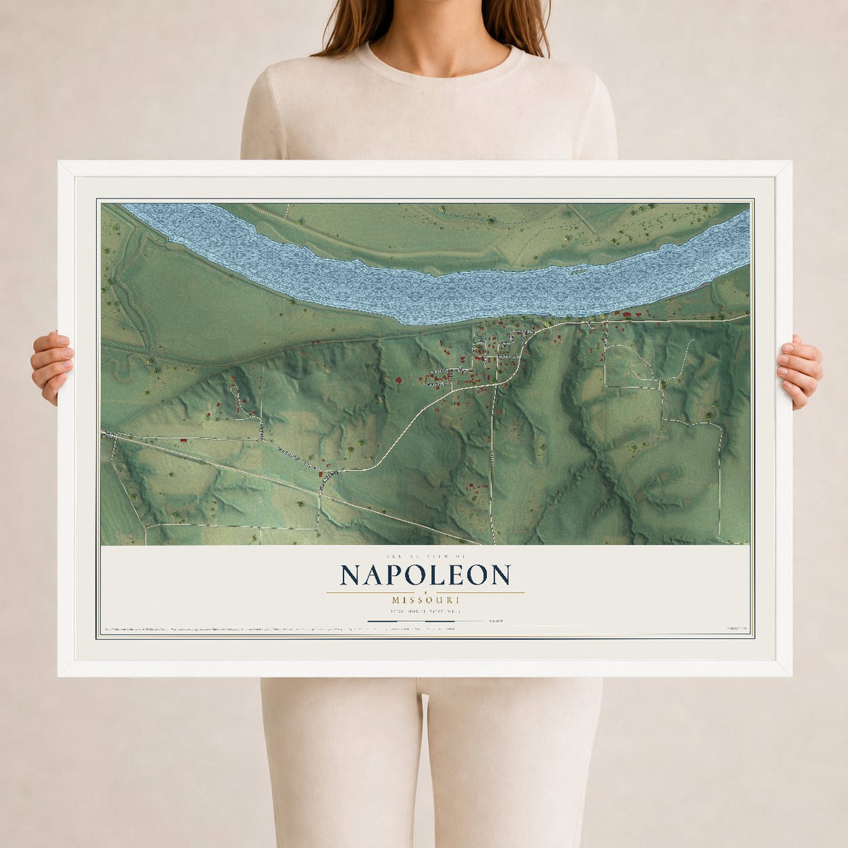 Map of Napoleon, Missouri, 24 x 36 inch print in a white wood frame