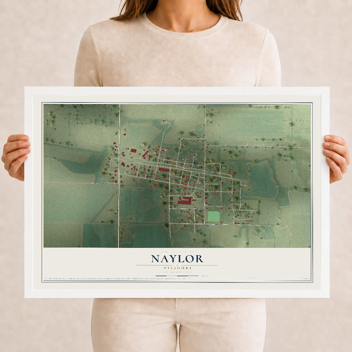 Map of Naylor, Missouri, 12 x 18 inch print in a white wood frame
