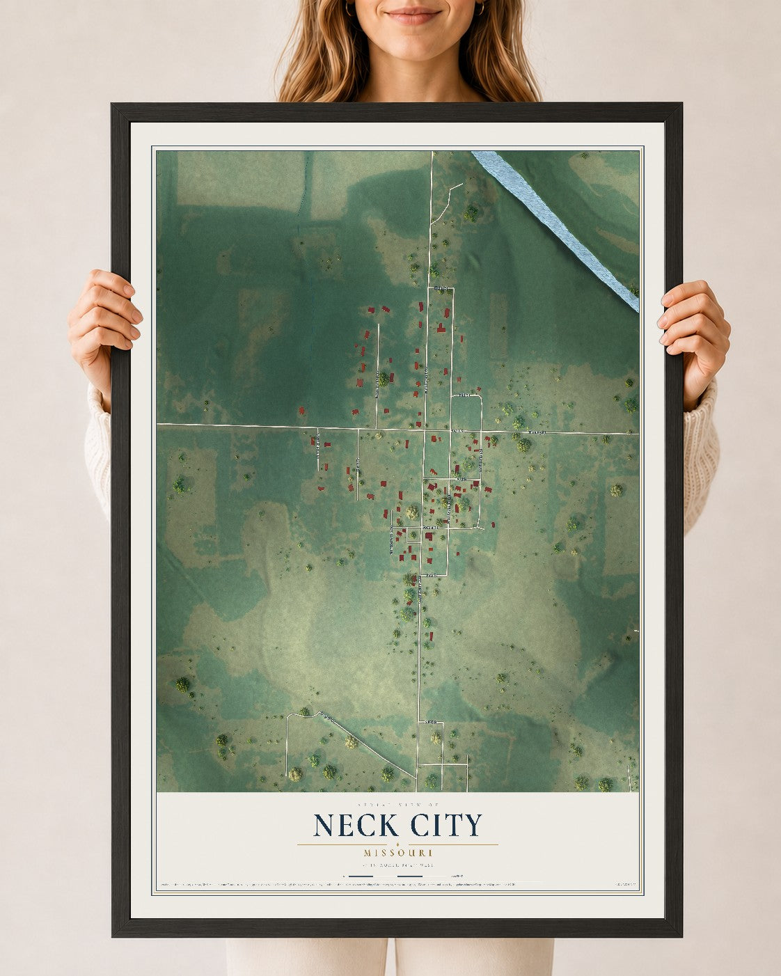 Map of Neck City, Missouri, 24 x 36 inch print in a black wood frame
