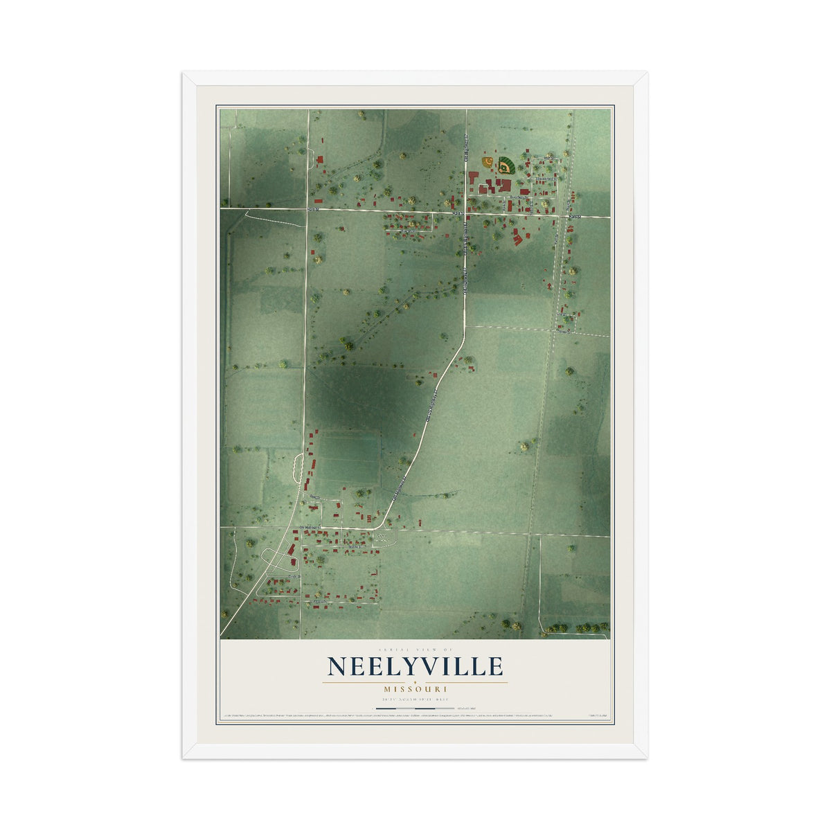 Map of Neelyville, Missouri, 12 x 18 inch print in a white wood frame