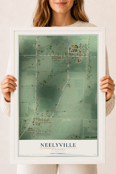 Map of Neelyville, Missouri, 18 x 24 inch print in a white wood frame
