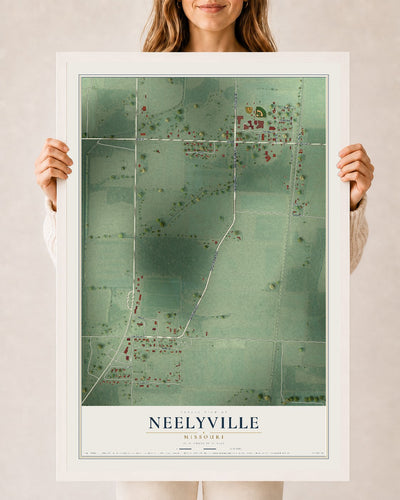 Map of Neelyville, Missouri, 24 x 36 inch print in a white wood frame
