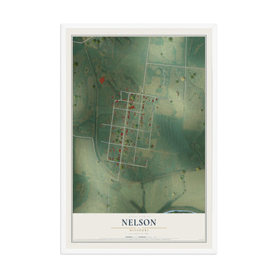 Map of Nelson, Missouri, 12 x 18 inch print in a white wood frame