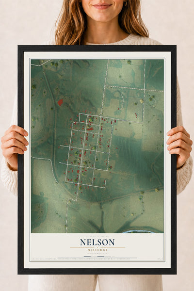 Map of Nelson, Missouri, 18 x 24 inch print in a black wood frame
