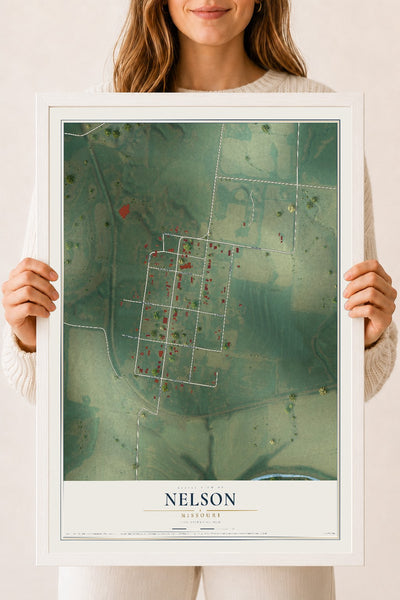 Map of Nelson, Missouri, 18 x 24 inch print in a white wood frame