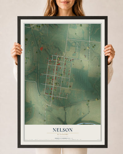 Map of Nelson, Missouri, 24 x 36 inch print in a black wood frame