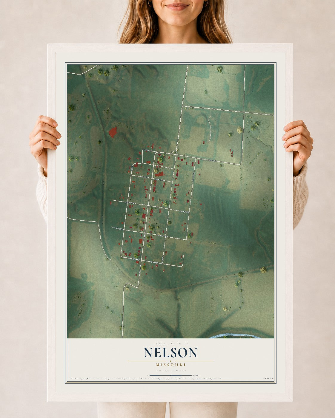 Map of Nelson, Missouri, 24 x 36 inch print in a white wood frame