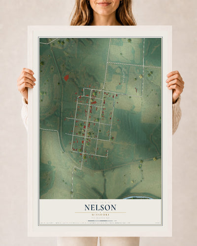 Map of Nelson, Missouri, 24 x 36 inch print in a white wood frame
