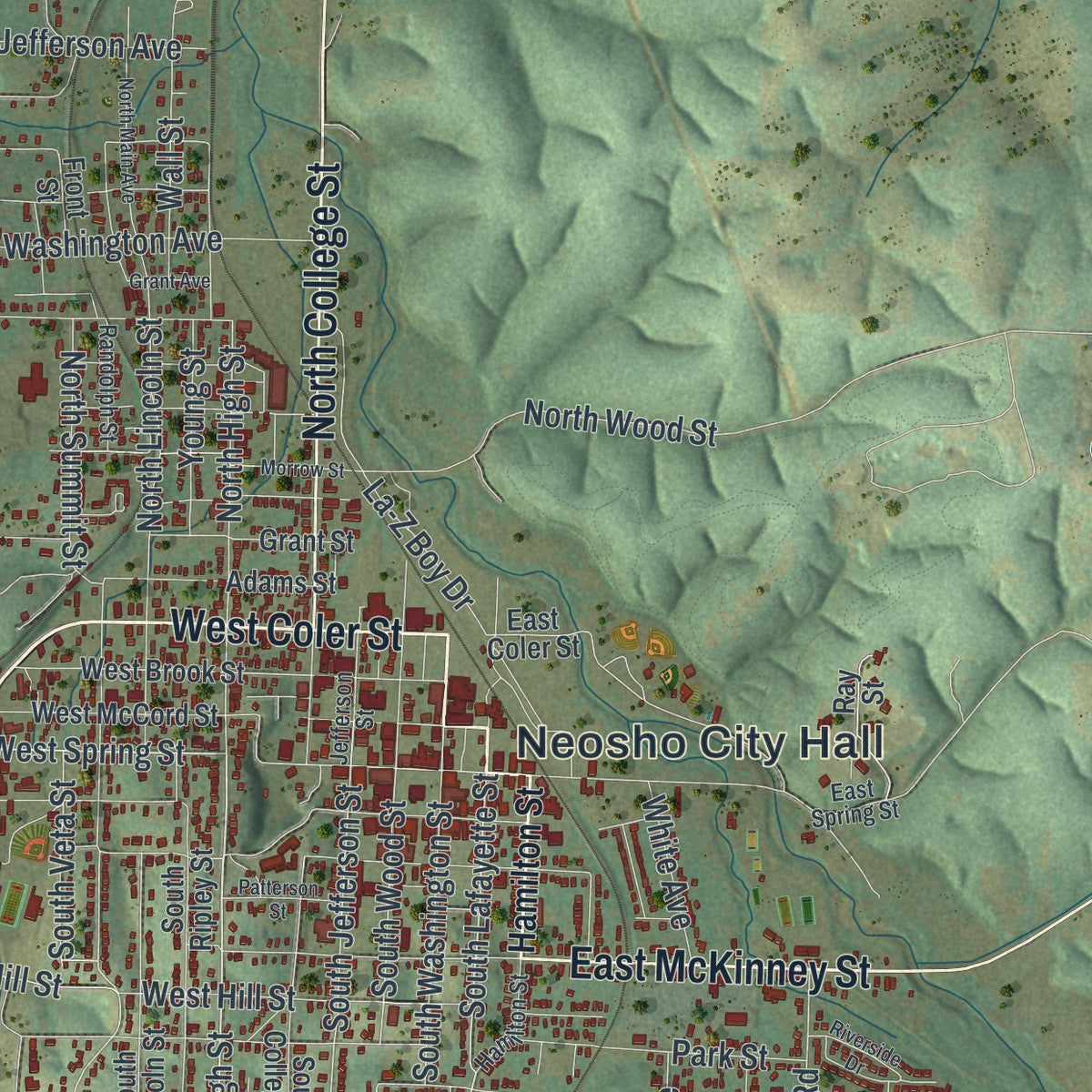 Second close-up of the map of Neosho, Missouri print showing more streets and buildings