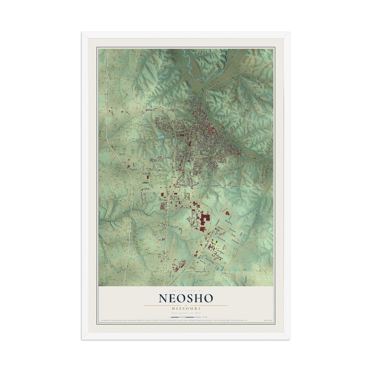 Map of Neosho, Missouri, 12 x 18 inch print in a white wood frame
