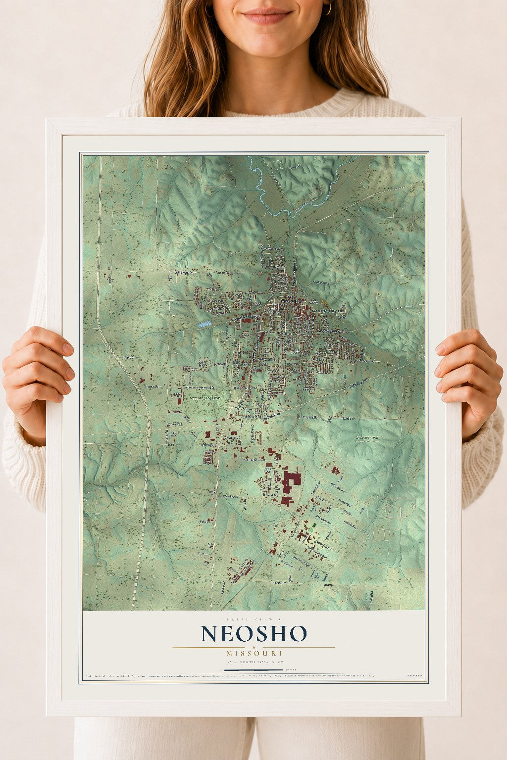 Map of Neosho, Missouri, 18 x 24 inch print in a white wood frame