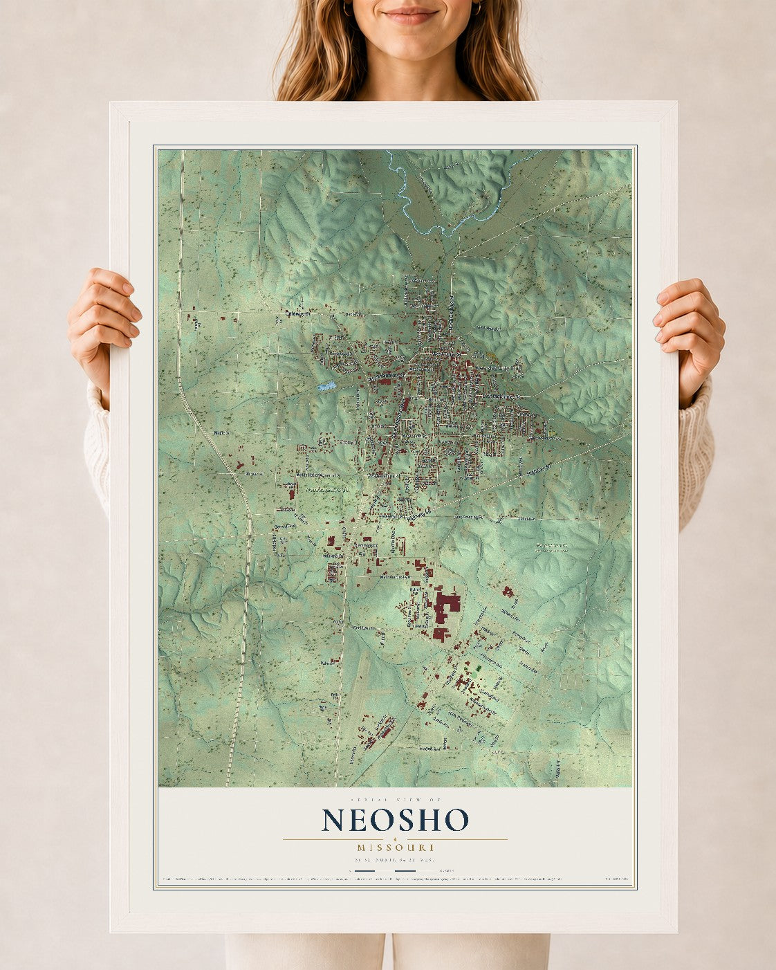 Map of Neosho, Missouri, 24 x 36 inch print in a white wood frame