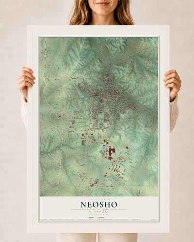 Map of Neosho, Missouri, 24 x 36 inch print in a white wood frame