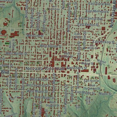 Close-up of the map of Nevada, Missouri print showing street and building detail
