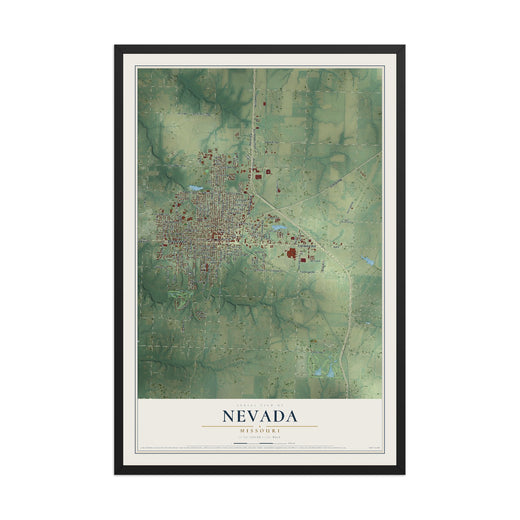 Map of Nevada, Missouri, 12 x 18 inch print in a black wood frame