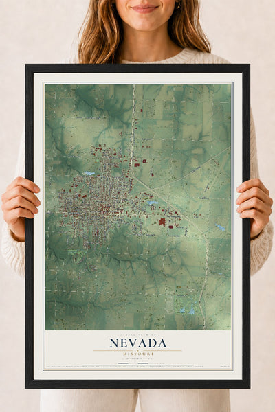 Map of Nevada, Missouri, 18 x 24 inch print in a black wood frame