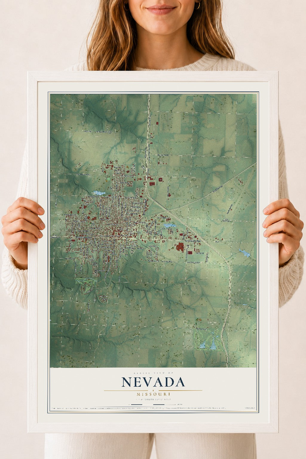 Map of Nevada, Missouri, 18 x 24 inch print in a white wood frame