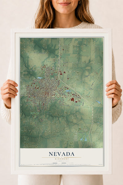 Map of Nevada, Missouri, 18 x 24 inch print in a white wood frame