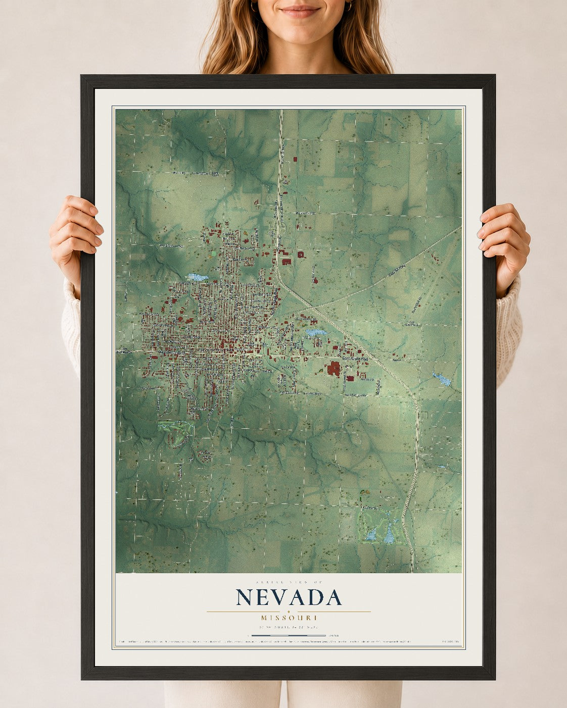 Map of Nevada, Missouri, 24 x 36 inch print in a black wood frame