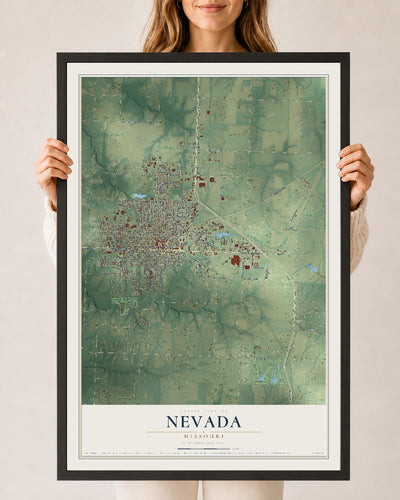 Map of Nevada, Missouri, 24 x 36 inch print in a black wood frame