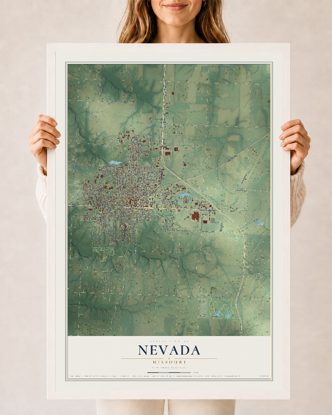 Map of Nevada, Missouri, 24 x 36 inch print in a white wood frame